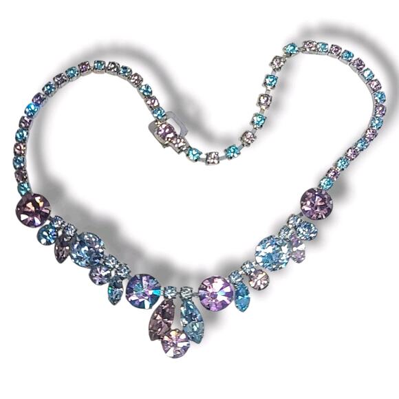 Vintage Weiss Signed Aurora Borealis Rhinestone Statement Necklace Blue Purple - Picture 2 of 10